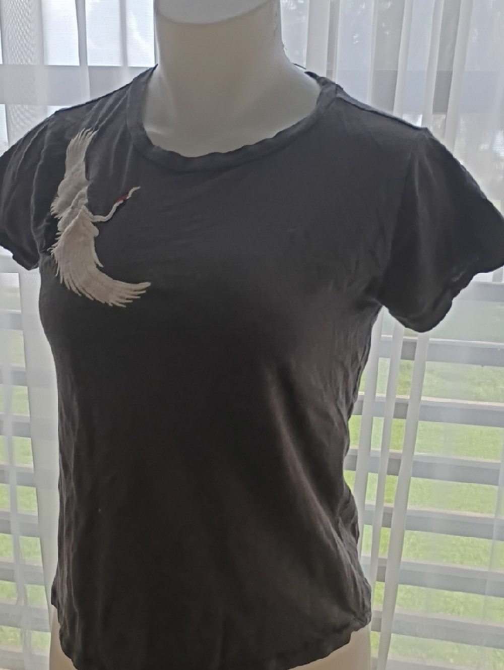 Lucky Brand Women's Black Crane Embroidered Short-Sleeve Tee